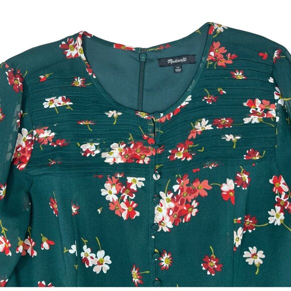 Madewell Womens Pintuck Green Floral Long Sleeve Dress Size 10 - Picture 9 of 15